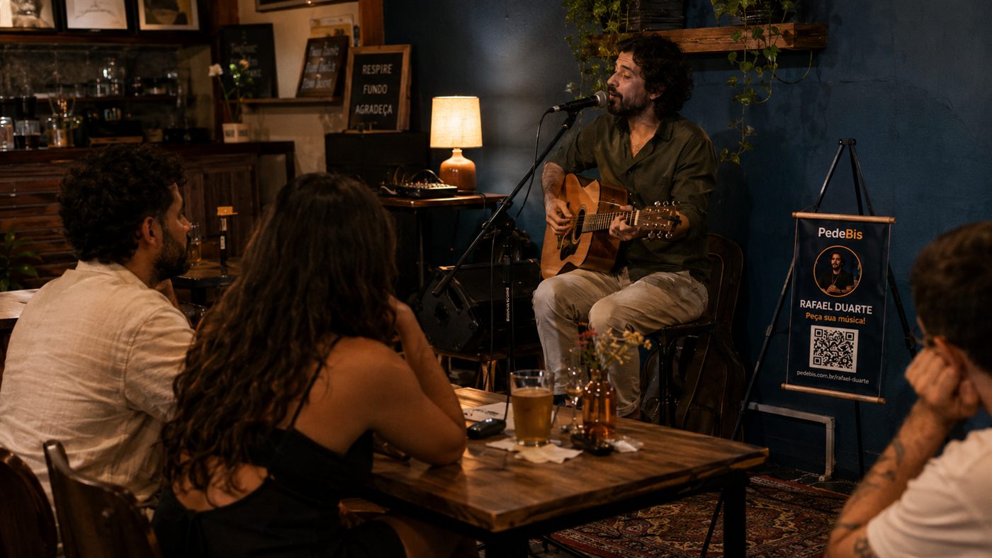 Artista se apresentando em bar com banner PedeBis