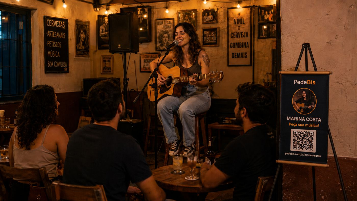 Banner PedeBis em pedestal ao lado do palco em um bar
