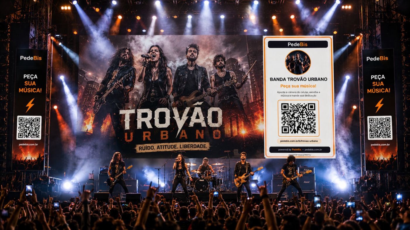 Banners PedeBis nas torres laterais de um festival