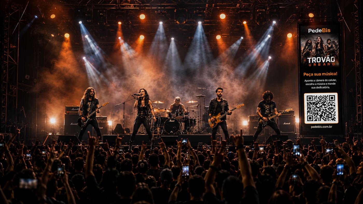 Totem de LED com o QR code PedeBis ao lado do palco