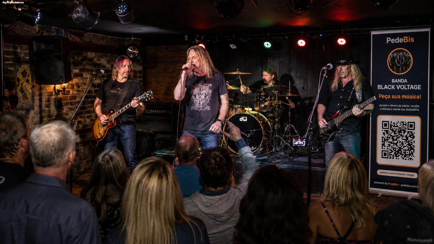 Banda de rock em pub com banner PedeBis ao lado do palco e público próximo